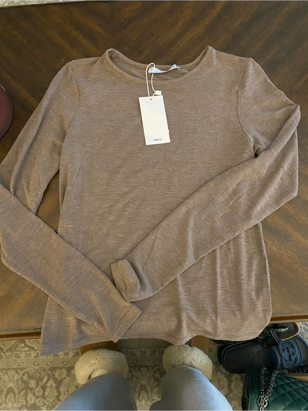 NWT Mango Long-Sleeve Crewneck Top in Taupe Brown